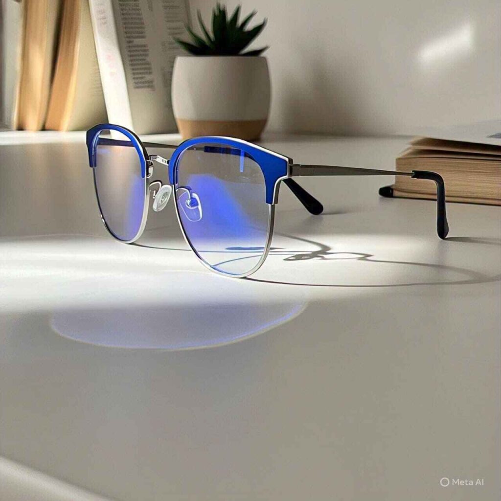 Stylish blue light blocking glasses reflecting digital screen light on a white desk